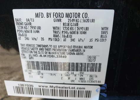 2013 Lincoln Mkx from USA, damaged, VIN 2LMDJ8JK2DBL33849